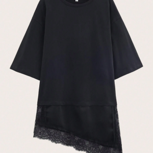 T-shirt à manches courtes avec dentelle contrastante de couleur unie, décontracté pour le printemps/été