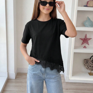 Tee-shirt à manches courtes rayé noir et blanc pour préadolescentes, t-shirt décontracté et élégant avec dentelle contrastée ample