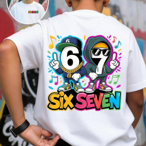 T-shirt à manches courtes de base avec imprimé graphique minimaliste rafraîchissant, personnalisé, personnage de dessin animé, numéro dégradé 67