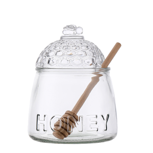 Pot à miel en verre gaufré avec couvercle en nid d'abeille et bâtonnet en bois, compatible lave-vaisselle, 500 ml