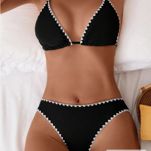Swim Vcay Maillot de bain bikini assorti pour femmes, avec col ras-du-cou et bord contrasté, idéal pour les vacances d'été